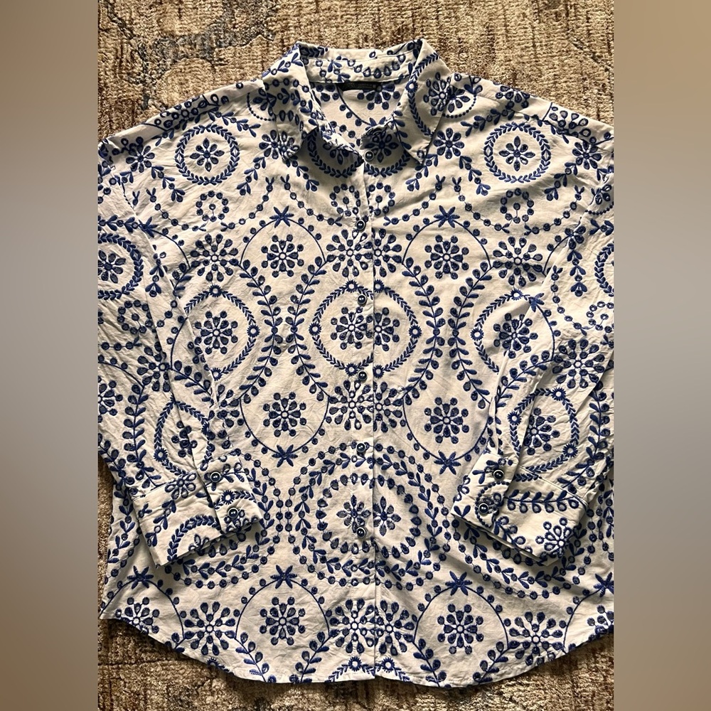 Zara White & Royal Blue Eyelet Embroidered Blouse